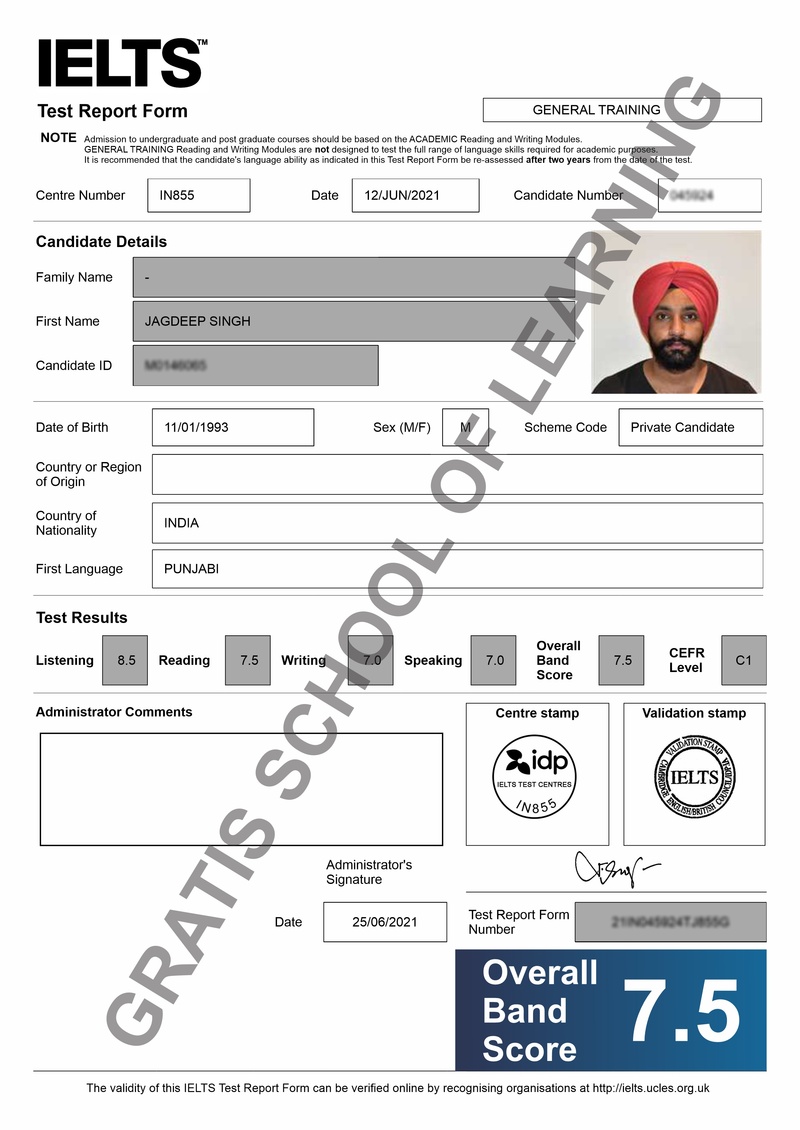 IELTS test marksheet